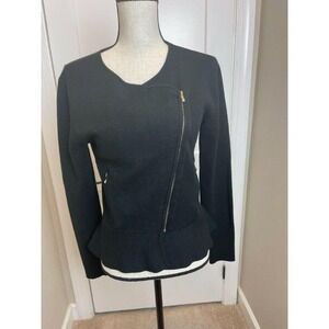 New York & Company Peplum Sweater Jacket Black Pockets Asymmetrical Zip Sz Small
